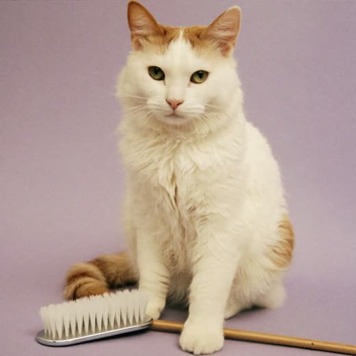 A fluffy cat beside a grooming brush